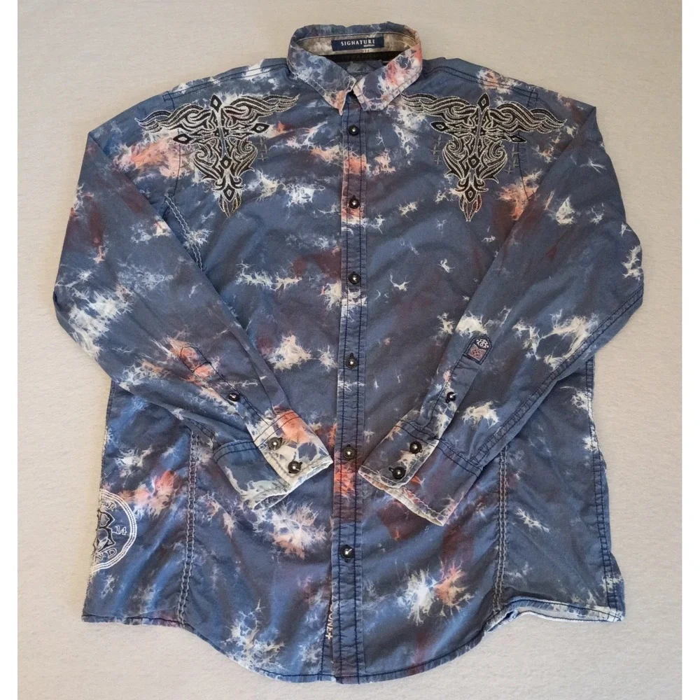 Roar Signature Edition Shirt Mens Medium Blue Tie Dye Tribal Embroidered Western